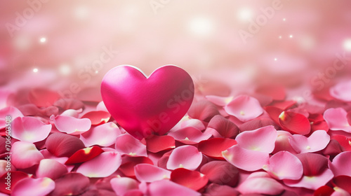 Elegant Red Heart with Pink Rose Petals A shiny red heart surrounded by ...