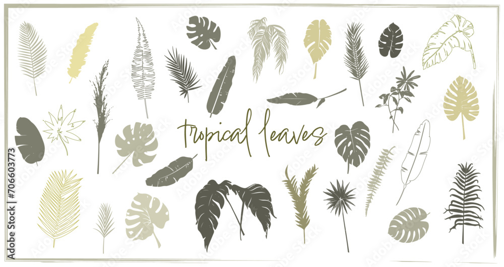 Fototapeta premium Colorful tropical leaves and palm trees, in flat composition style, plant elements, realistic and detailed illustration, various cut out silhouettes.