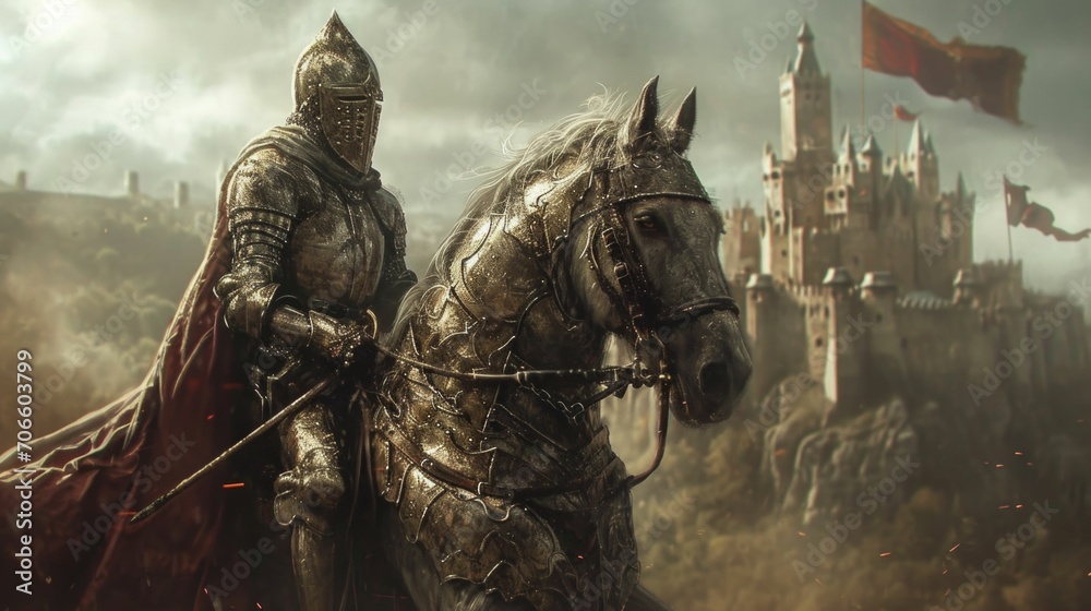 Naklejka premium A majestic portrait of a horse decked out in shiny knight's armor, standing proudly in a studio with a medieval castle backdrop