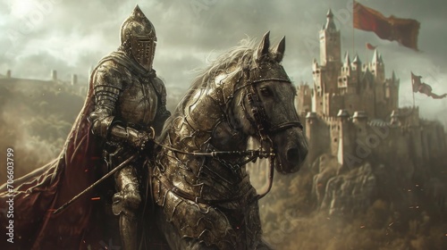 A majestic portrait of a horse decked out in shiny knight's armor, standing proudly in a studio with a medieval castle backdrop photo