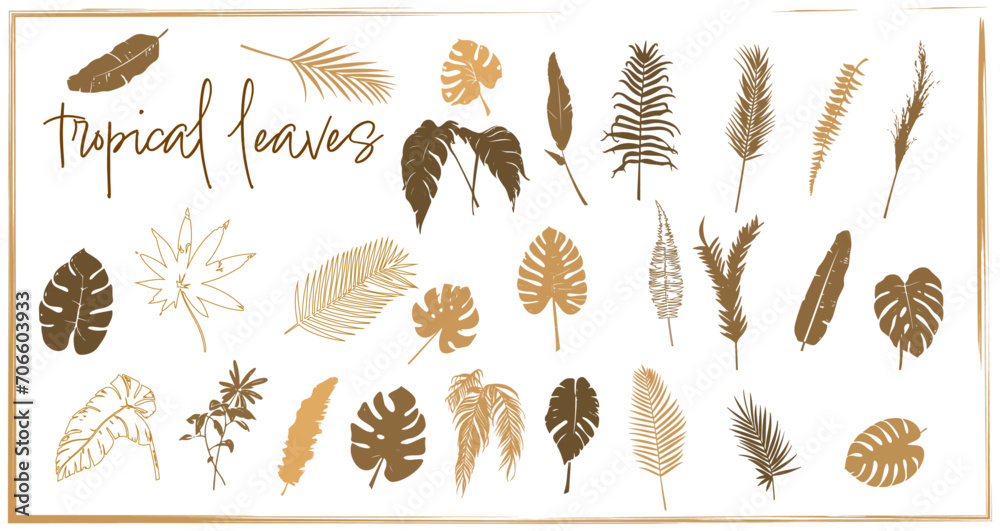 Colorful tropical leaves and palm trees, in flat composition style, plant elements, realistic and detailed illustration, various cut out silhouettes.