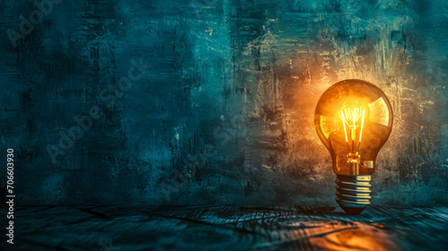  Illuminated light bulb on a rustic background symbolizing ideas and innovation.