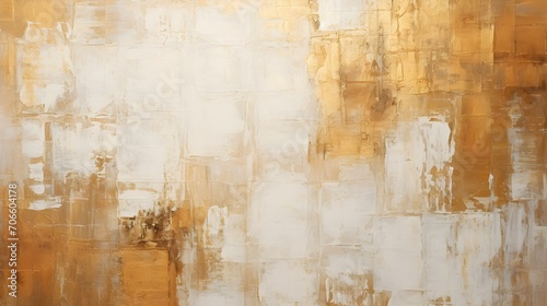 Abstract Oil Painting with overlapping Squares in white and dark gold Colors. Artistic Background with visible Brush Strokes