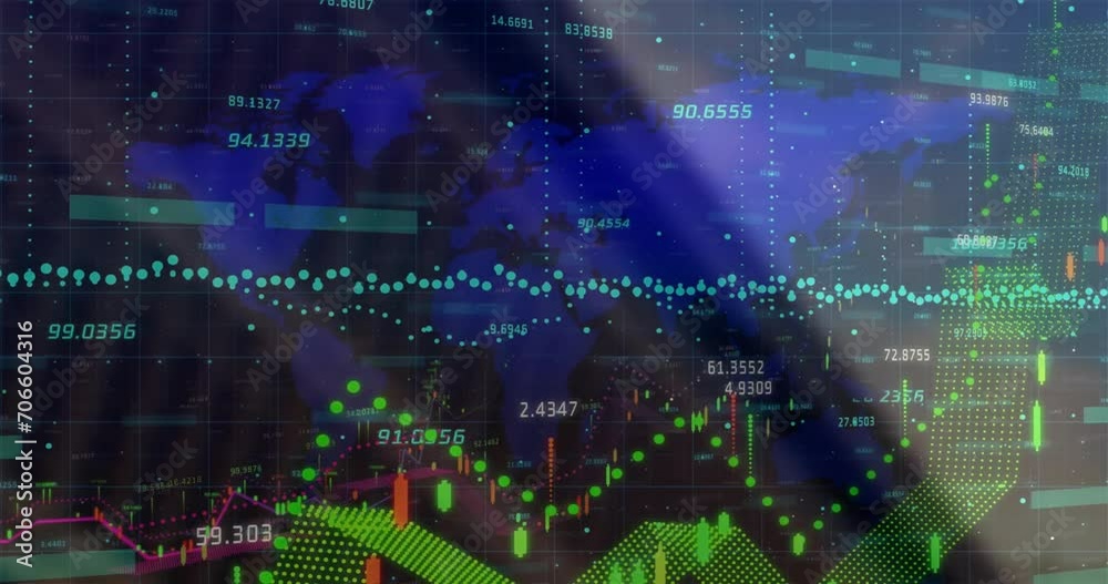 Animation of data processing, diagrams and stock market over world map Animation of data processing, diagrams and stock market over world map