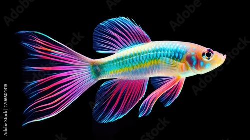 Blue and violet exotic fish. Tropical fish swimming in ocean. Figurine made of glass material. Digital art. Illustration for poster, cover, card or presentation.