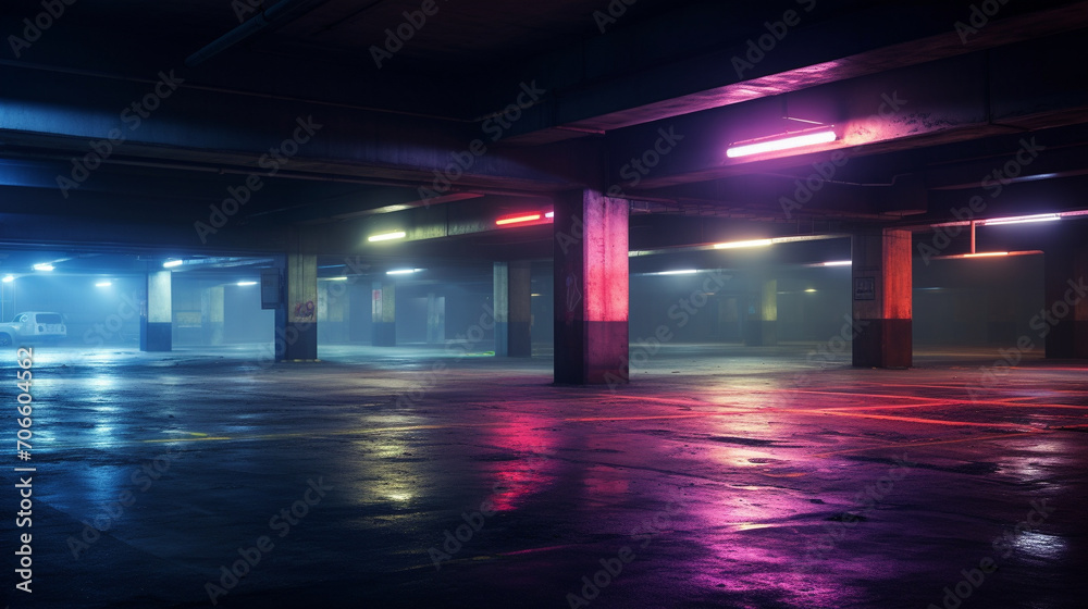 Moody Parking Garage with Neon Lights A moody portrayal of a parking