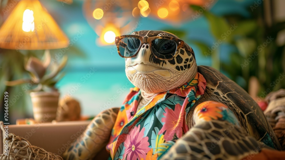 A relaxed portrait of a turtle wearing a Hawaiian shirt, complete with sunglasses, set in a beach-themed studio with tropical decorations - obrazy, fototapety, plakaty 