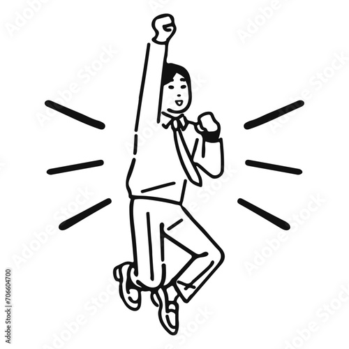 Asian office clerk jumps and exclaims. Silhouette of an enthusiastic worker with a tie.