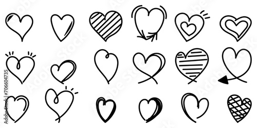 A set of drawn simple hearts. A large set of unique primitive and hand-drawn hearts.