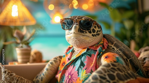 A relaxed portrait of a turtle wearing a Hawaiian shirt, complete with sunglasses, set in a beach-themed studio with tropical decorations photo