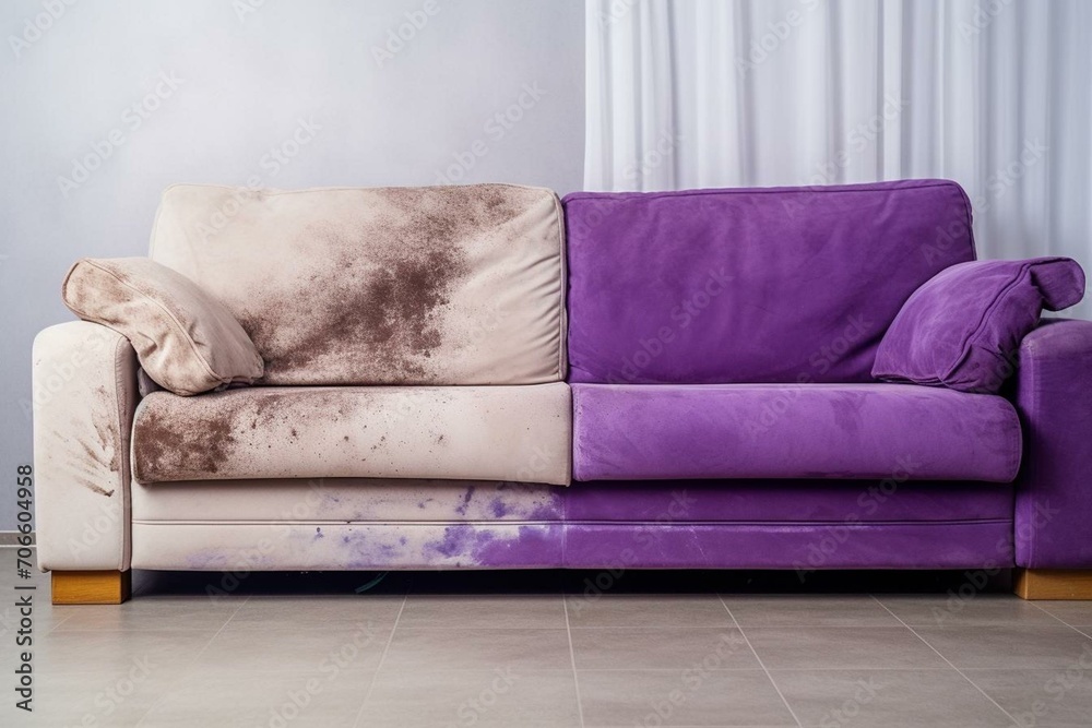 Comparison: Dirty and clean furniture after dry cleaning. Purple sofa stains. Straight view, dirty half, and clean half. Cleaner concept. Generative AI - obrazy, fototapety, plakaty 