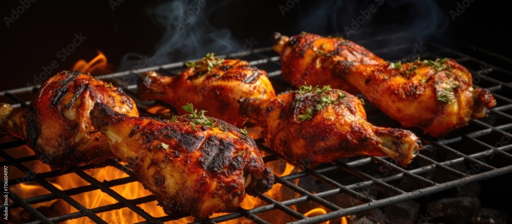 Grilled chicken legs with tandoori spices on a wire rack
