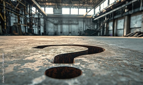 Mysterious atmosphere: a black question mark in a dimly lit abandoned industrial corridor. photo