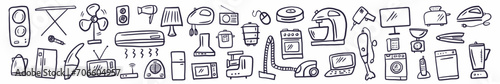 Horizontal vector collection of household appliances and electrical appliances for the home, hand-drawn in the style of doodles