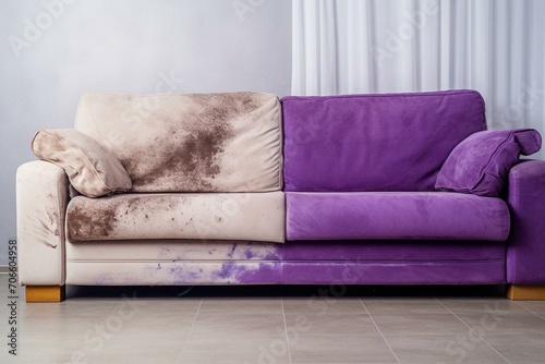 Comparison: Dirty and clean furniture after dry cleaning. Purple sofa stains. Straight view, dirty half, and clean half. Cleaner concept. Generative AI