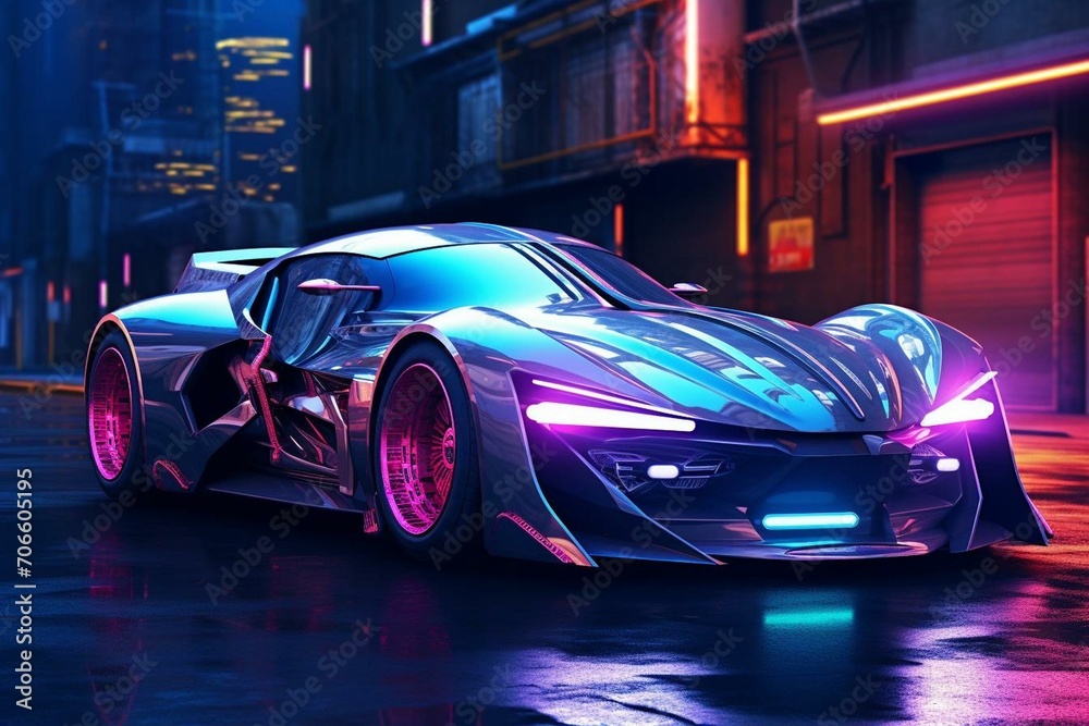 Futuristic retro car with neon lights and cyberpunk vibes. Generative AI