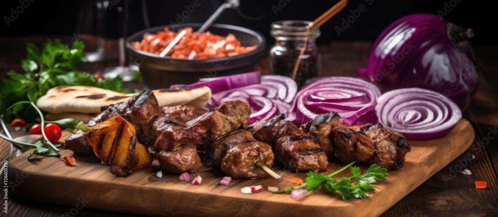 Fototapeta premium Close-up view of kebabs with red onion, sauce, and pita bread on wooden board on table.