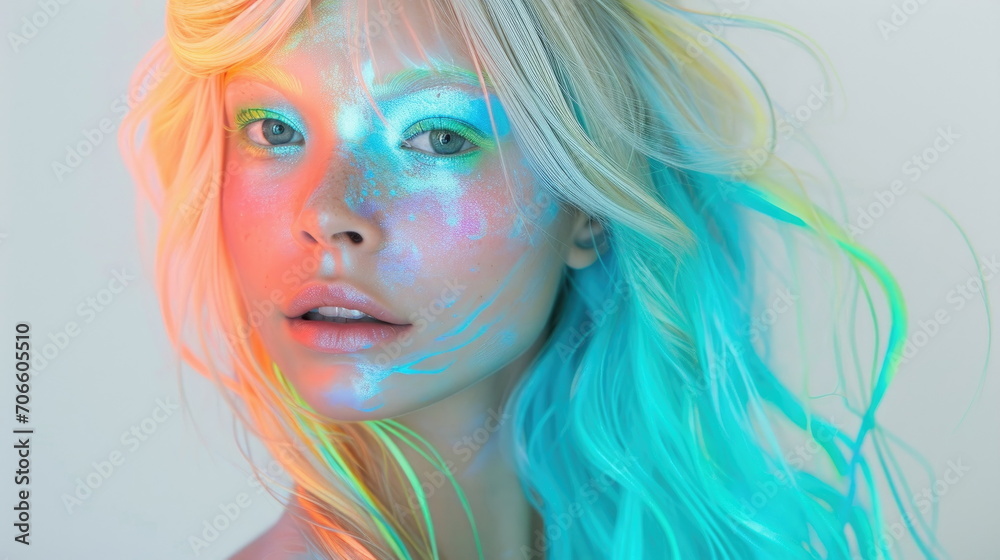 Portrait of a woman with creative makeup resembling a mermaid with colorful hair. Portrait of a woman with creative makeup resembling a mermaid with colorful hair.