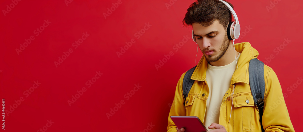 Young man wearing red hoodie and headphones standing isolated on red background listening to music closed eyes smiling delightful Young man wearing red hoodie and headphones standing isolated on red background listening to music closed eyes smiling delightful