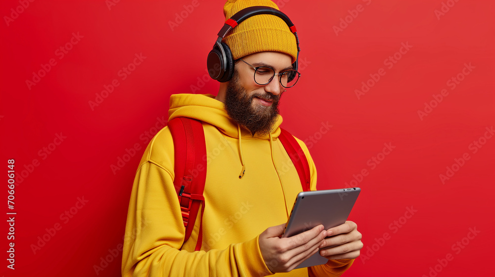 Young man wearing red hoodie and headphones standing isolated on red background listening to music closed eyes smiling delightful