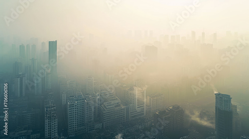 Aerial view of Asian city full of Smoke and smog from PM 2.5 dust, Cityscape of buildings with bad weather and air pollution, Toxic haze in the city, Unhealthy air pollution dust, environment problem. photo