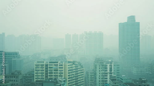 Aerial view of Asian city full of Smoke and smog from PM 2.5 dust  Cityscape of buildings with bad weather and air pollution  Toxic haze in the city  Unhealthy air pollution dust  environment problem.