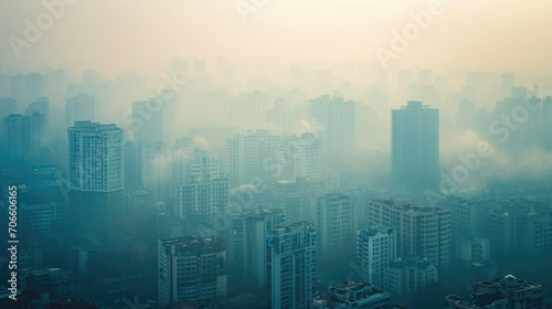 Aerial view of Asian city full of Smoke and smog from PM 2.5 dust, Cityscape of buildings with bad weather and air pollution, Toxic haze in the city, Unhealthy air pollution dust, environment problem.