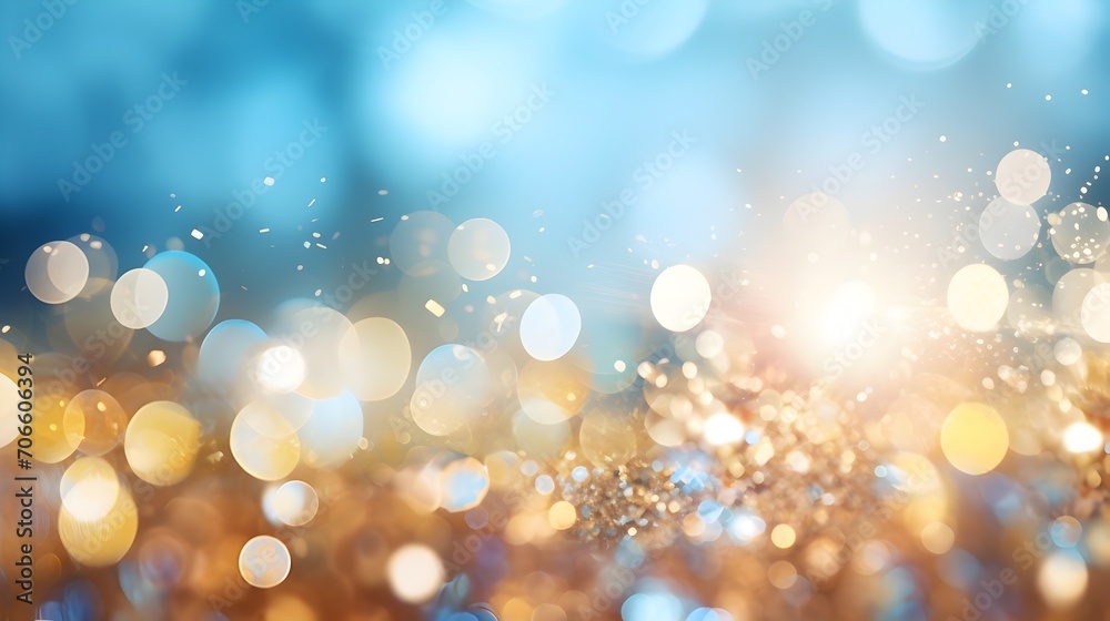 Festive glittering bokeh background with golden and blue hues, ideal for holiday season graphics