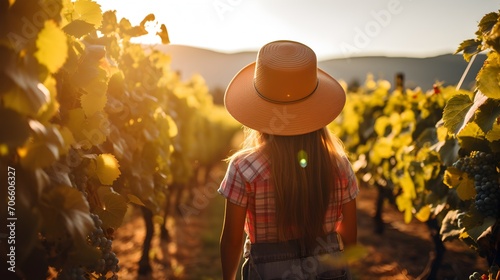 Joyful young woman holding fresh grapes in a vineyard, sunlight shining through