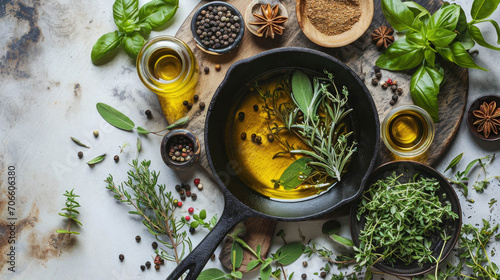 Assortment of herbs and spices with olive oil in a skillet on a rustic surface photo