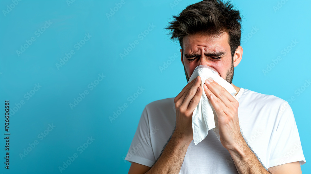 Portrait of man coughing sneezing hard in napkin, feeling unwell with runny nose, severe seasonal allergy, flu symptoms. Indoor studio shot isolated on blue background. Portrait of man coughing sneezing hard in napkin, feeling unwell with runny nose, severe seasonal allergy, flu symptoms. Indoor studio shot isolated on blue background.