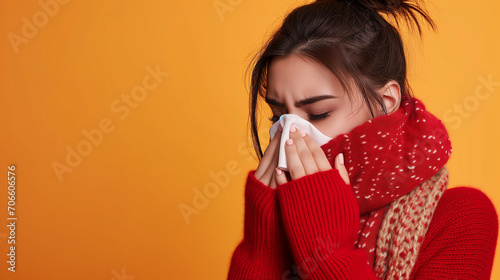 Girl sick, suffers runny nose, snot, feels unwell, sneezes into handkerchief, allergy. stands texture background in Studio