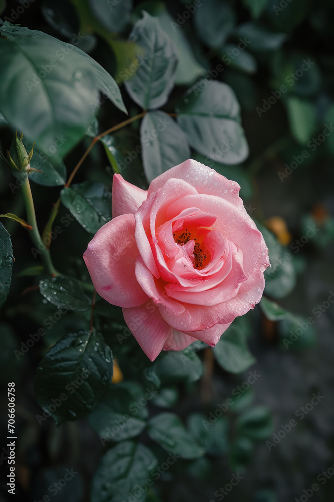 rosier avec rose de couleur rose, symbole de l'amour