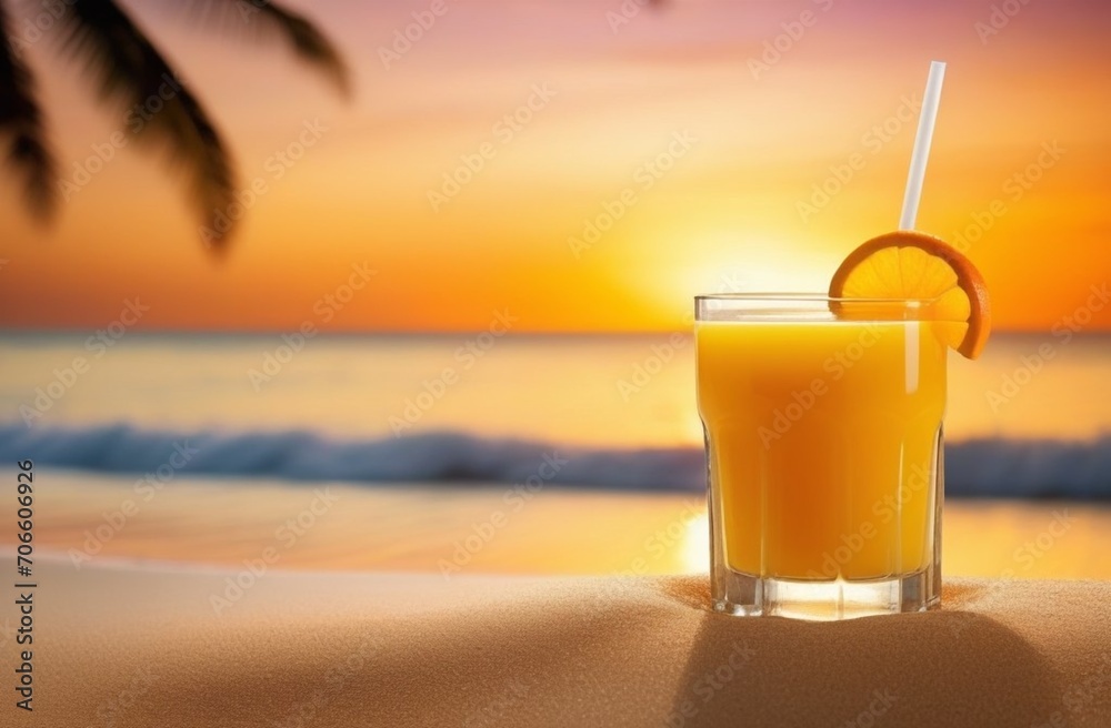 glass of orange juice on the beach near the sea on sunset background. glass of orange juice on the beach near the sea on sunset background.
