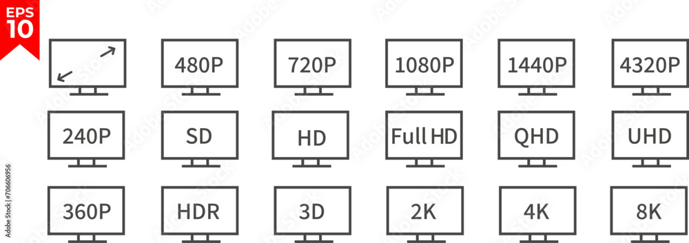 Screen resolution icon set. Monitor size symbol. Hd, FHD, UHD, 4K, 8K screen. Vector illustration. Screen resolution icon set. Monitor size symbol. Hd, FHD, UHD, 4K, 8K screen. Vector illustration.