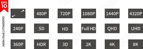 Screen resolution icon set. Monitor size symbol. Hd, FHD, UHD, 4K, 8K screen. Vector illustration.