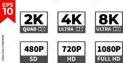 Screen resolution icon set. Monitor size symbol. Hd, FHD, UHD, 4K, 8K screen. Vector illustration.