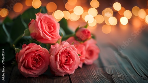 Pink bouquet Roses on wooden table and Warm Bokeh Lights. 