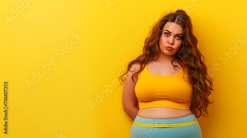 Young confused sad indignant chubby overweight plus size big fat fit woman isolated on yellow color background photo