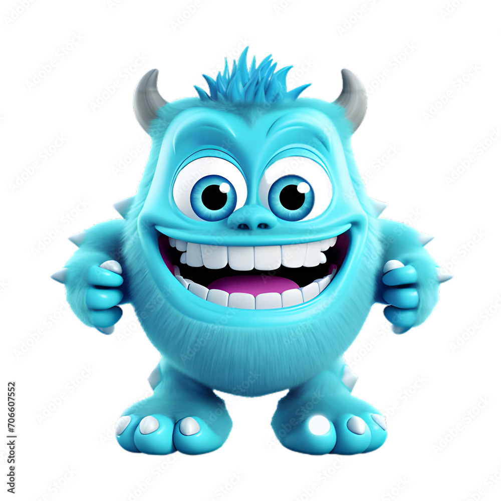 little blue monster, 3d cartoon character, isolated on white background