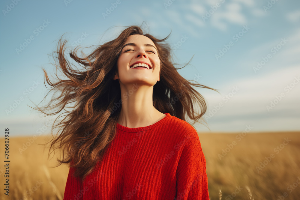 Beautiful young caucasian woman with long brown hair looking up at the sky smiling, dressed in a red sweater Beautiful young caucasian woman with long brown hair looking up at the sky smiling, dressed in a red sweater