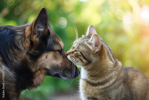 Friendship between cats and dogs. A cat gives a dog a kiss on the muzzle.