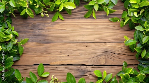Wooden Background With Green Leaves, Natural, Rustic, and Refreshing
