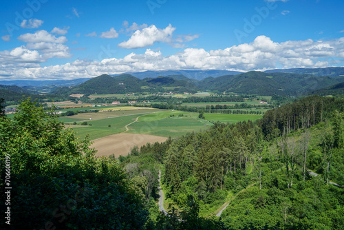 Idyllic and iconic austrian landscape: wonderful panoramic view into surrounding landscape from Castle Hochosterwitz in Carinthia in Austria © grahof_photo
