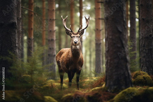 male deer in the forest, looking into the camera