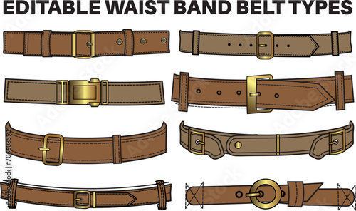 Belt flat sketch vector illustration set, different types belt with Frame buckle, snap buckle and ring buckles accessories for pants, waist band garments dress fasteners and Clothing belt