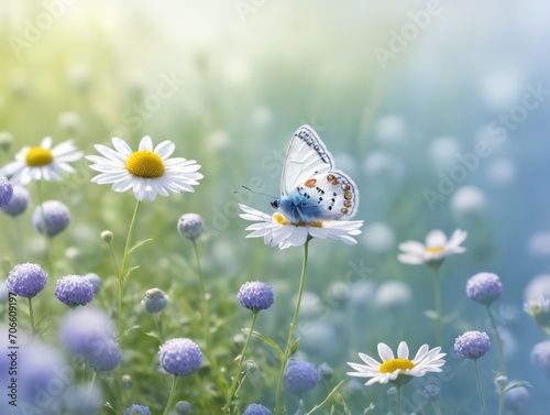 Delightful pastoral airy artistic image. beautiful enchanting meadow in the morning with a butterfly close-up.
