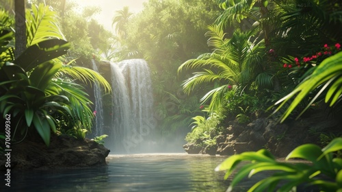 Serene Waterfall Surrounded by Lush Forest in Harmonious Balance of Nature