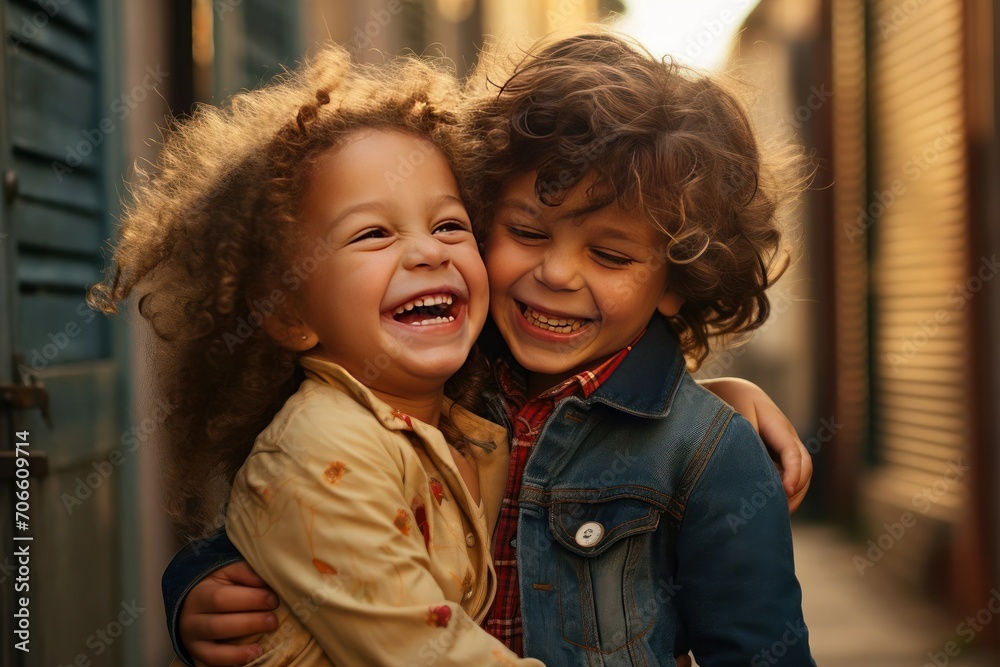 Portrait of adorable brother and sister smile and laugh together while sitting outdoors. happy lifestyle kids Portrait of adorable brother and sister smile and laugh together while sitting outdoors. happy lifestyle kids
