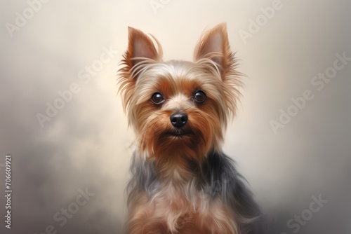 Yorkshire Terrier Portrait with a Soulful Gaze on a Cloudy Background